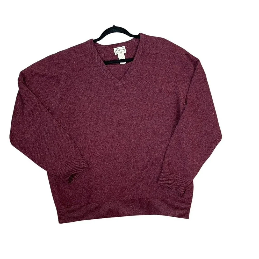 LL Bean Sweater Mens Large Burgandy 100% Lambs Wool V Neck Pullover Outdoor‎